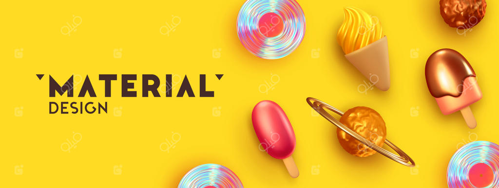 بنر افقی زرد برای شبکه‌های اجتماعی و وبسایت، طراحی سه‌بعدی و واقع‌گرایانه. قالب پوستر، پس‌زمینه تابستانی با بستنی. تصویرسازی وکتور