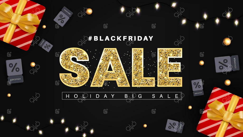 بنر تخفیف جمعه سیاه با عناصر هدیه، کوپن‌ها و طراحی طلایی براق.