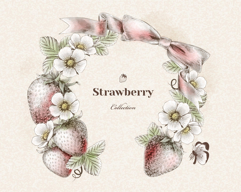 حلقه توت‌فرنگی و گل‌های حکاکی شده برای طراحی، نسخه رنگارنگ