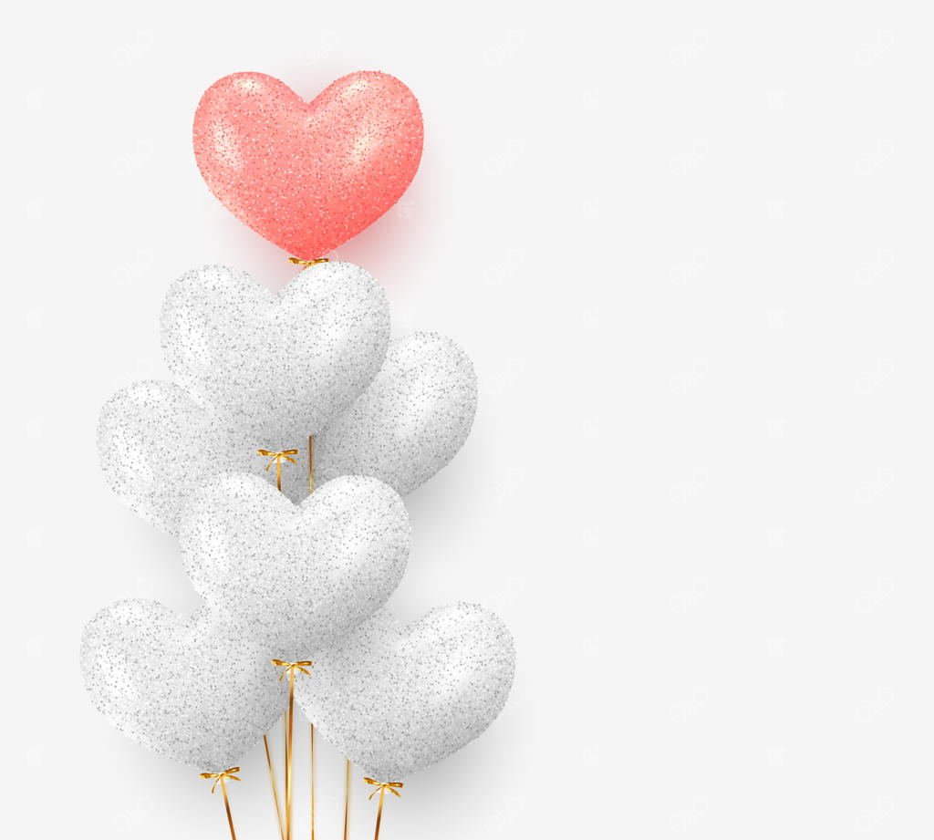 پس‌زمینه‌ای با بادکنک‌هایی به شکل قلب. طراحی جشن واقعی با بادکنک‌های سه‌بعدی. دکور جشن برای عروسی، تولد و سالگرد. تصویر برداری