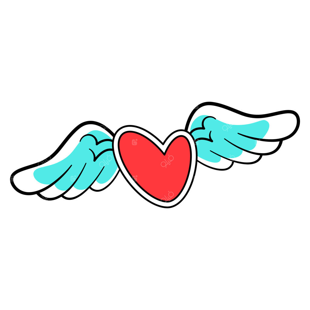 قلبی با بال‌های کارتونی. این تصویر یک قلب قرمز با بال‌های سفید و آبی روشن به سبک کارتون را نشان می‌دهد.