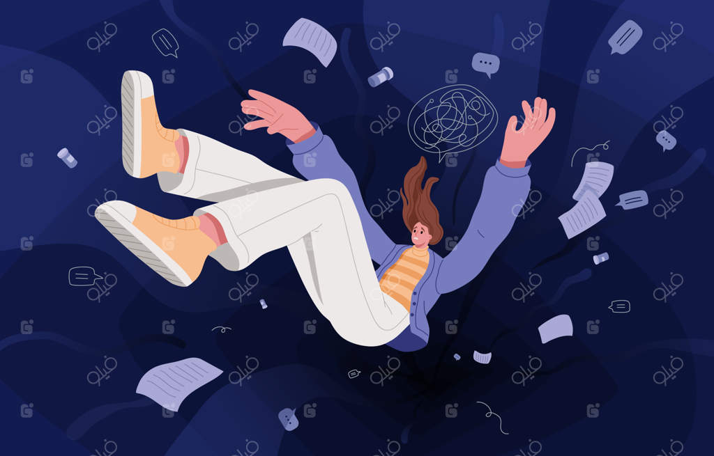 مفهوم روانشناسی: فردی درمانده با اختلال افسردگی - زنی در ناامیدی و احساس نارضایتی - مشکل روانی انسانی - تصویر برداری تخت