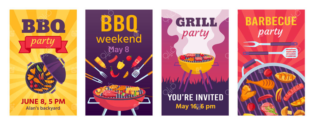پوسترهای باربیکیو: دعوت‌نامه‌های مهمانی تابستانی باربیکیو برای پیک‌نیک در پارک یا حیاط. مجموعه‌ای از بروشورهای رویداد آشپزی در فضای باز با غذا روی منقل