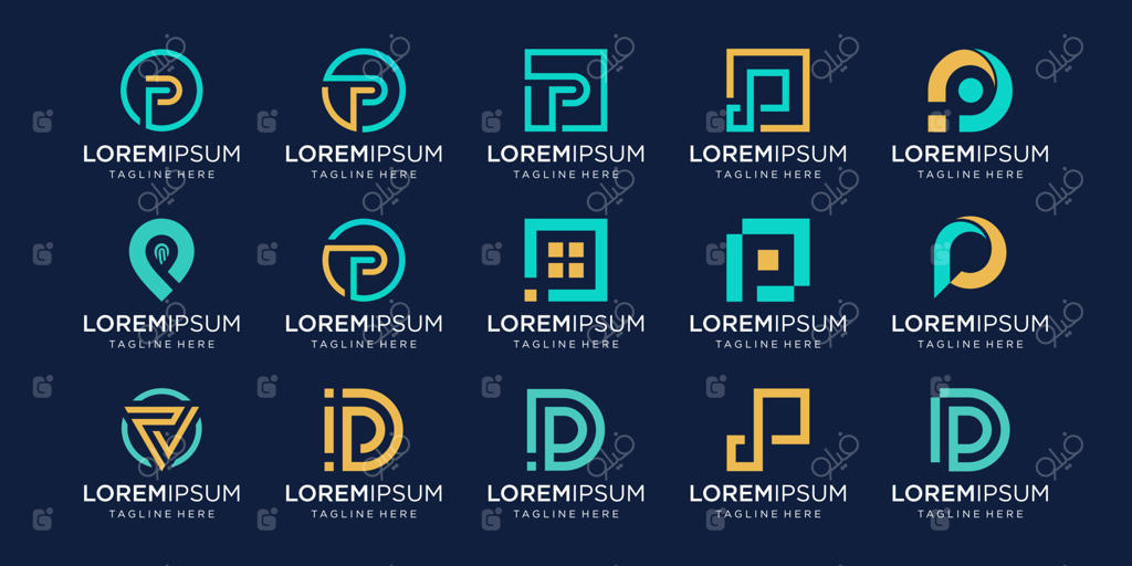 مجموعه‌ای از قالب لوگوی انتزاعی با حرف ابتدایی P. آیکون‌هایی برای کسب و کارهای مد، دیجیتال و فناوری.