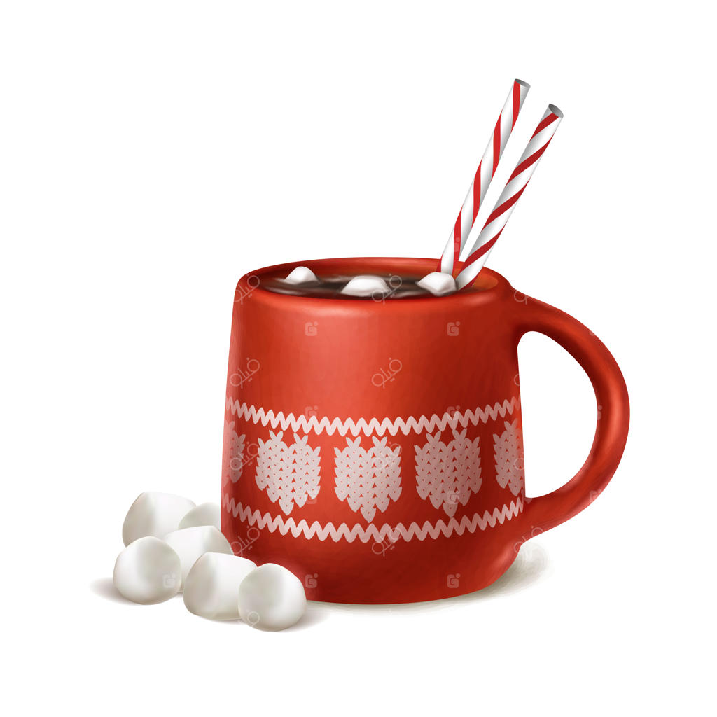 آیکون وکتور به سبک کارتونی: فنجان قرمز کاکائو و شکلات داغ با نی و مارشمالو. حال و هوای زمستانی.