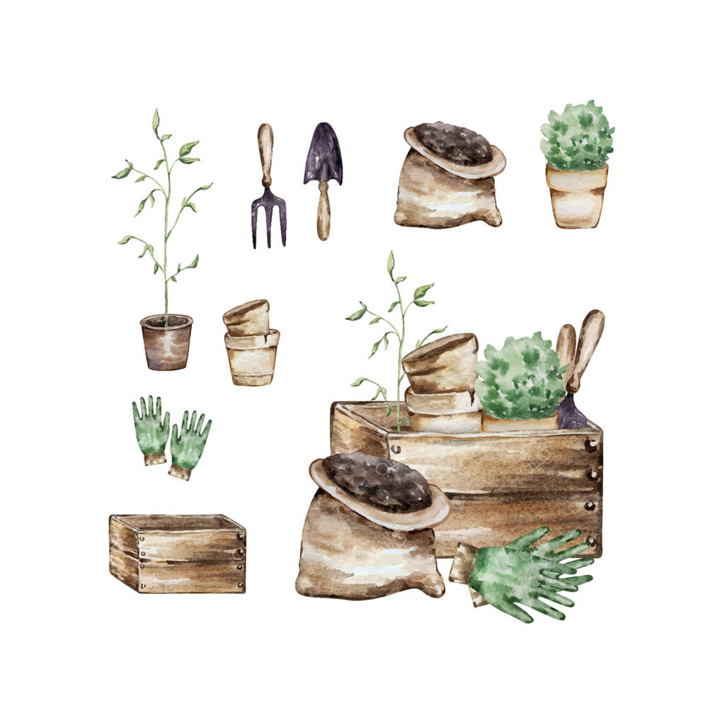 تصویرسازی باغ آبرنگی همراه با عناصر ابزار باغبانی