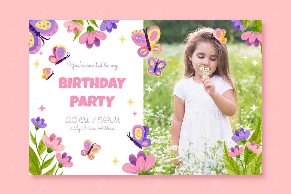 قالب دعوت‌نامه تولد پروانه‌ای تخت با عکس