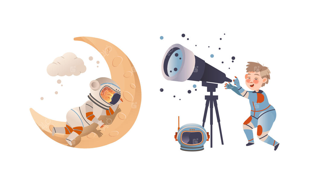 پسران بامزه در حال تماشای ستاره‌ها با تلسکوپ و خوابیدن روی ماه با لباس فضانوردی - تصاویری از کودکان با آرزوی فضانورد شدن