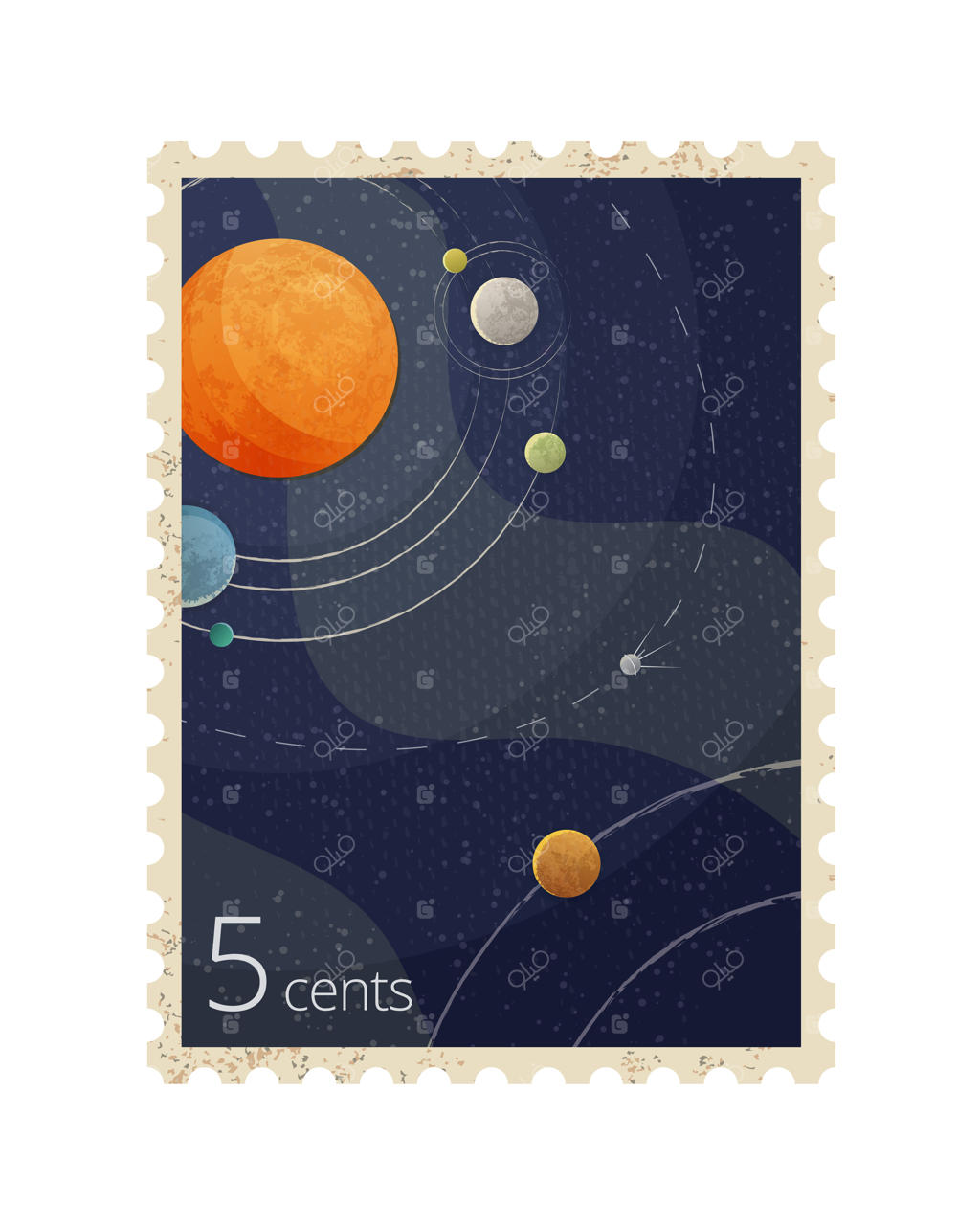تصویر یک تمبر فضایی کلاسیک با سیارات روی پس‌زمینه سفید