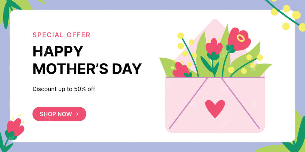 بنر ایمیل روز مادر با پاکت صورتی پر از گل و جزئیات قلبی. شامل پیام "پیشنهاد ویژه، روز مادر مبارک"