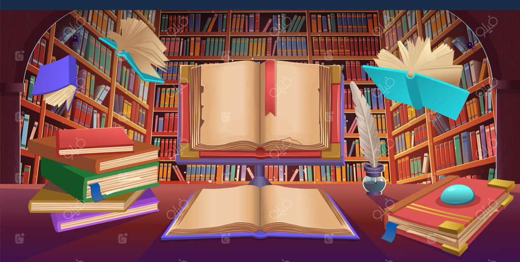 قفسه‌های کتابخانه با کتاب‌های پرنده، دسته‌ای از کتاب‌ها، کتاب قدیمی باز، تصویرسازی کارتونی وکتوری.