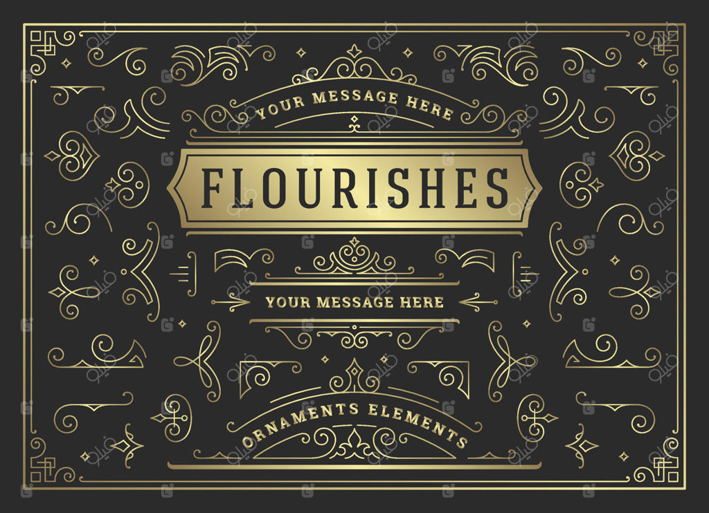 مجموعه‌ای از عناصر طراحی: تزئینات و تزیینات قدیمی با خطوط منحنی و خوشنویسی گل‌دار