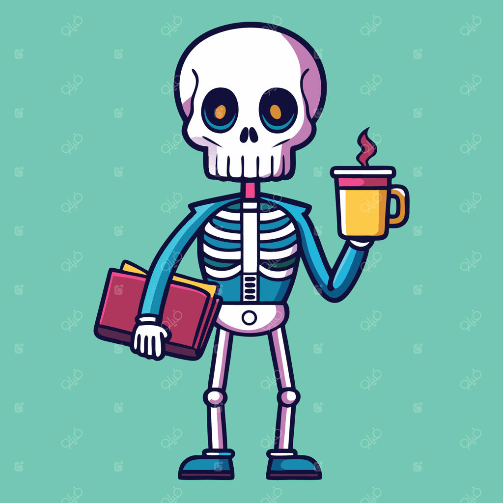 اسکلت مطالعه‌گر در حال خواندن و نوشیدن قهوه با ژست اندیشمندانه