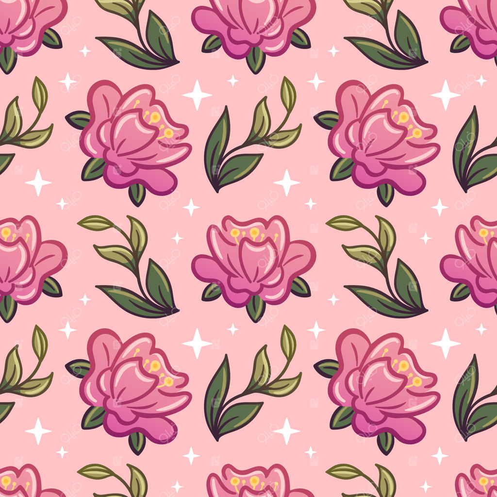 طرح جذاب گل‌های صورتی به سبک کاوایی، همراه با برگ‌های سبز و شاداب. گزینه‌ای ایده‌آل برای کاغذ دیواری، پارچه، بسته‌بندی و پس‌زمینه که جلوه‌ای دلنشین به هر پروژه‌ای می‌بخشد.