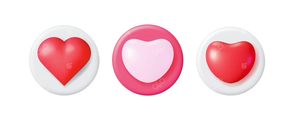 مجموعه آیکون قلب سه‌بعدی قرمز و صورتی برای لایک، عشق و تشکر در شبکه‌های اجتماعی؛ دکمه مدرن برای قرارهای آنلاین و گرافیک روز ولنتاین.