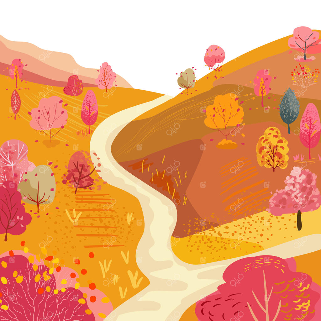 پوستر مربعی با منظره پاییزی: جاده‌ای پیچ‌در‌پیچ، تپه‌ای با مزارع و باغ، طراحی شده با دست