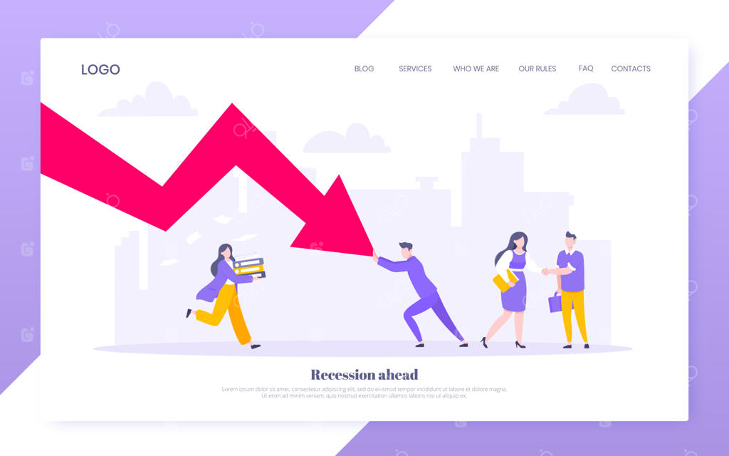 مفهوم کاهش هزینه و ورشکستگی کسب‌وکار: تصویرسازی نوجوانانی که پیکان قرمز بحران را به پایین می‌فشارند.