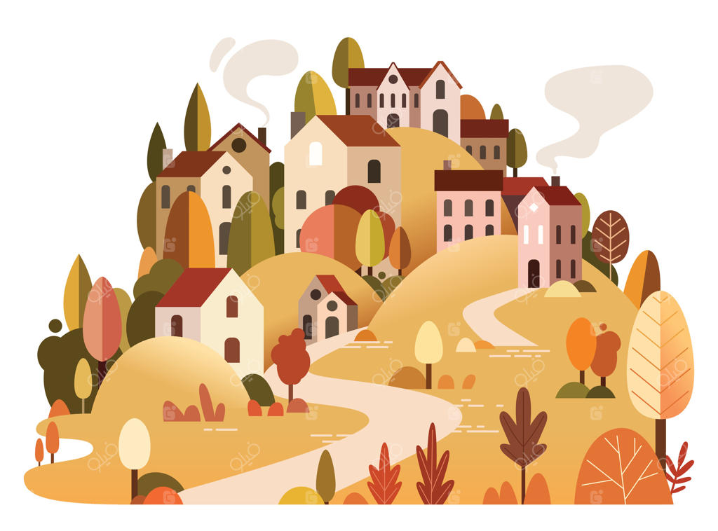 تصویرسازی منظره کارت‌پستالی شهر کوچک مدیترانه‌ای با تپه‌ها و درختان؛ فصل پاییز با درختان و بوته‌های طلایی و نمای پانوراما با طراحی تخت