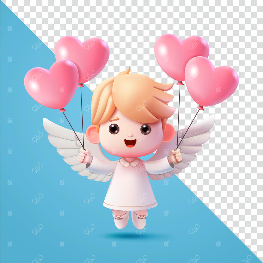 فرشته کوچک بامزه با بادکنک قلبی، سه‌بعدی. مناسب برای رویدادها، تبلیغات، ولنتاین و عشق
