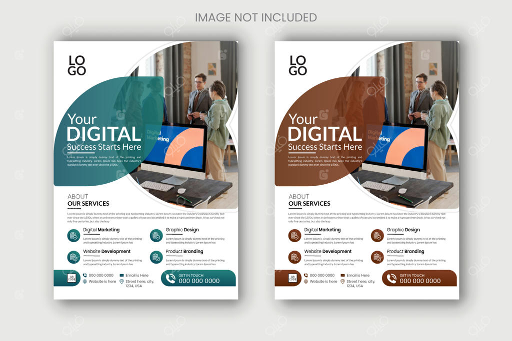 قالب طراحی تراکت با شعار «موفقیت دیجیتال شما از اینجا آغاز می‌شود» و طرح تراکت دو رنگ