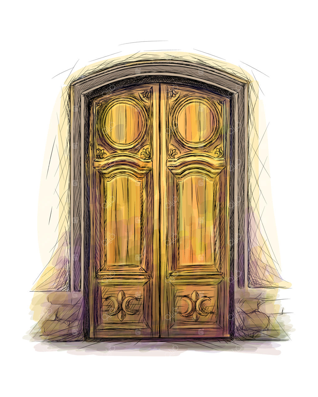 عناصر معماری: پس‌زمینه درب ورودی، نقاشی دستی درب چوبی قدیمی. تصویر برداری