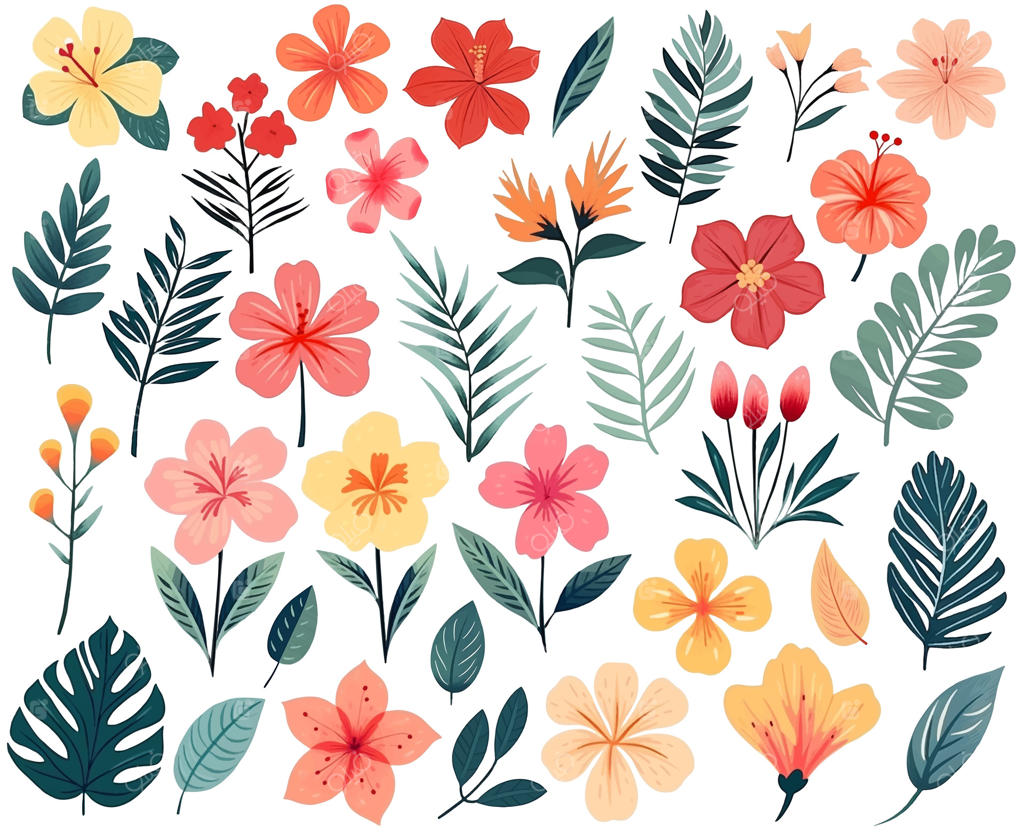 مجموعه‌ای از گل‌ها و برگ‌های عجیب و غریب: نقاشی آبرنگی گل‌های استوایی. کلکسیون گیاهان گرمسیری