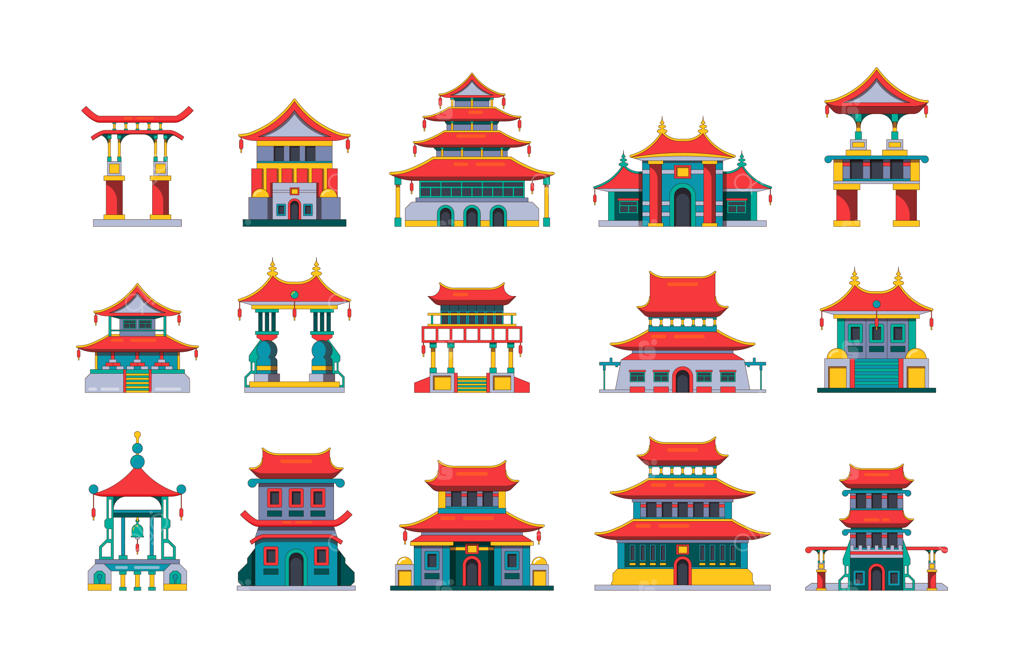 مجموعه‌ای از تصاویری با سبک مسطح: ساختمان‌های سنتی آسیا، منظرهای چینی، خانه‌های باستانی، پاگوداها و کاخ‌های باشکوه