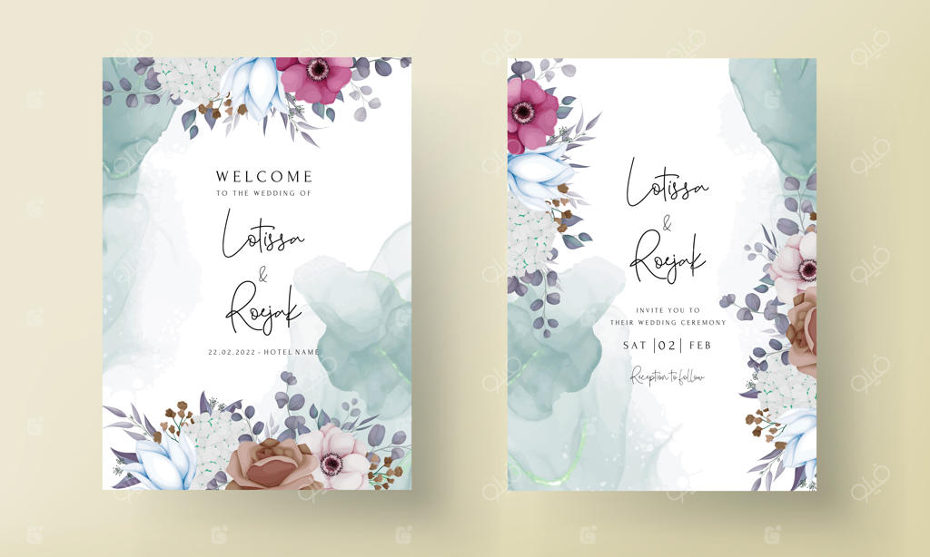 کارت دعوت عروسی بوهو با گل‌ها و برگ‌های زیبا