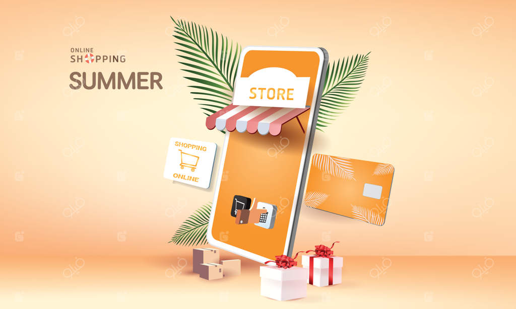 خرید آنلاین با گوشی هوشمند و تخفیف ویژه خرید جدید در پس زمینه صورتی جهت بنر بازار تجارت الکترونیک