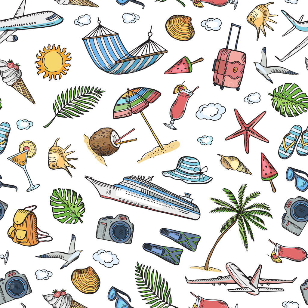 تصویری از عناصر دست‌کشیده برای پس‌زمینه یا پترن سفر تابستانی