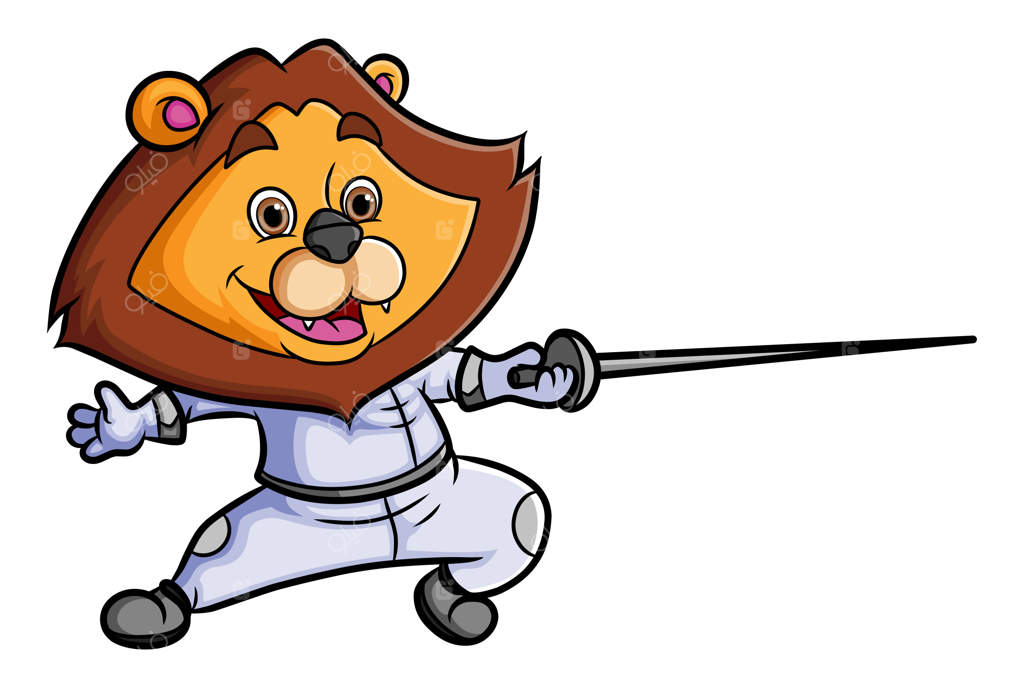 شیر شمشیربازی می‌کند و شمشیر به دست دارد