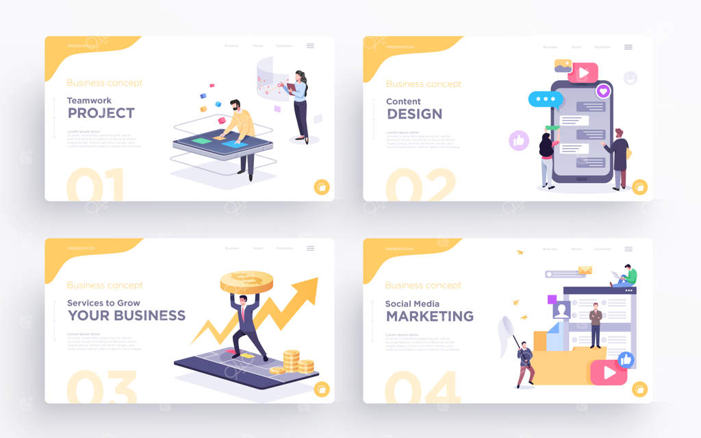 قالب‌های اسلاید ارائه یا تصاویر بنر قهرمان برای وبسایت‌ها: تصویرسازی‌های مفهومی کسب‌وکار