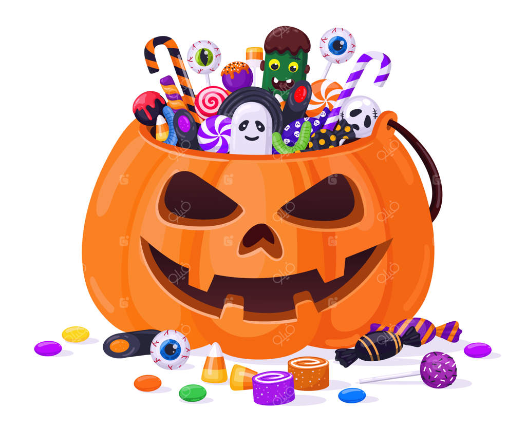 کدو تنبل هالووین و شیرینی‌ها: تصویرسازی کارتونی از سبد کدو تنبل پر از آب‌نبات و شیرینی‌های متنوع