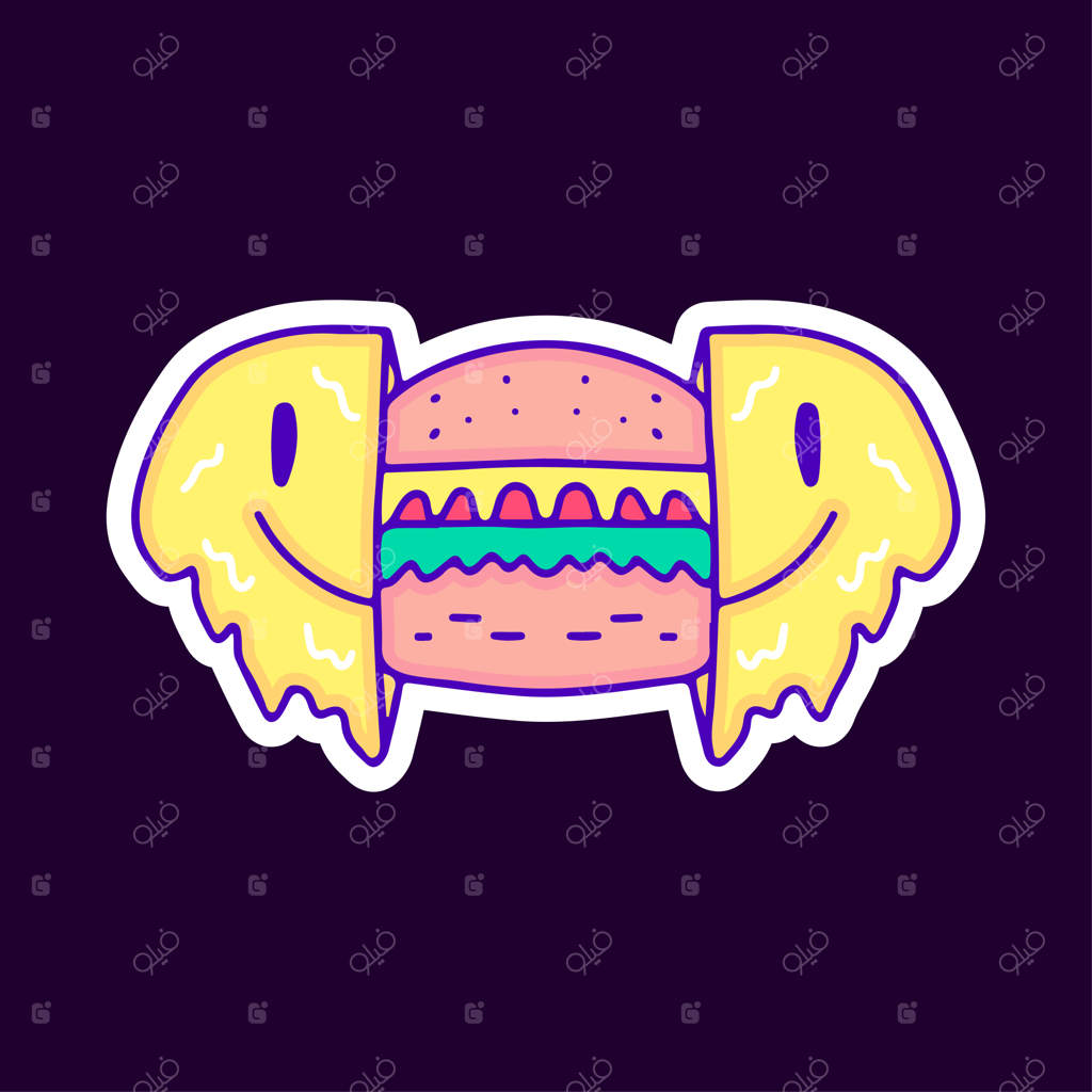 تصویر صورت ایموجی ترک خورده با همبرگر داخل آن، مناسب برای تی‌شرت و استیکر.