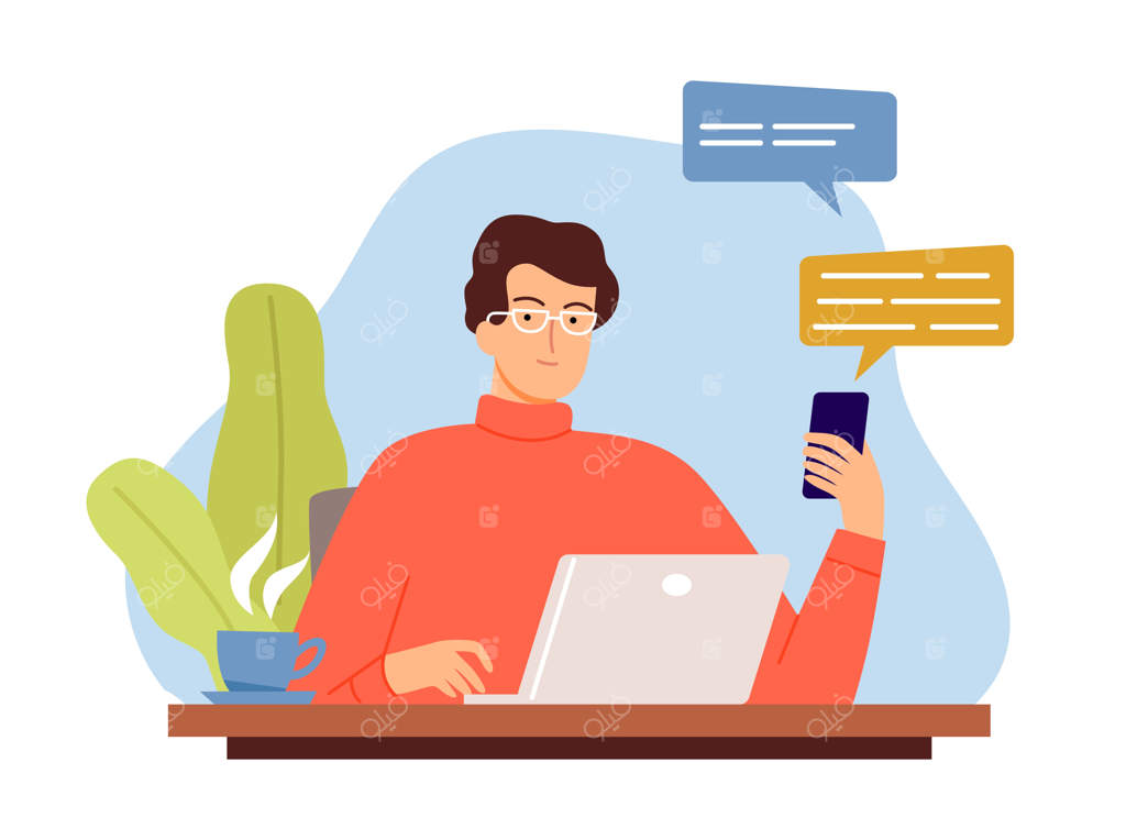 مفهوم ارتباط آنلاین: مردی ایده پیدا می‌کند، پسر از خانه کار می‌کند، مدیر پرمشغله یا توسعه‌دهنده وب، تصویرسازی وکتور