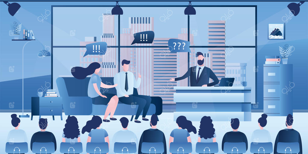 گفتگوی مجری مرد و دو مهمان در برنامه تلویزیونی در استودیوی مدرن