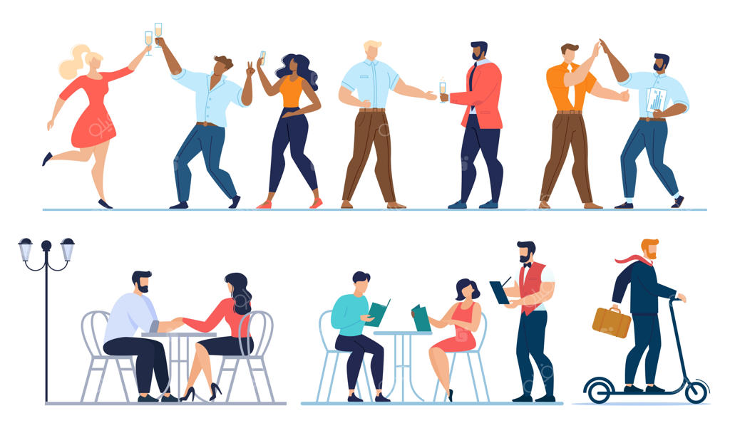 مجموعه افراد در حال جشن، قرار عاشقانه و کار