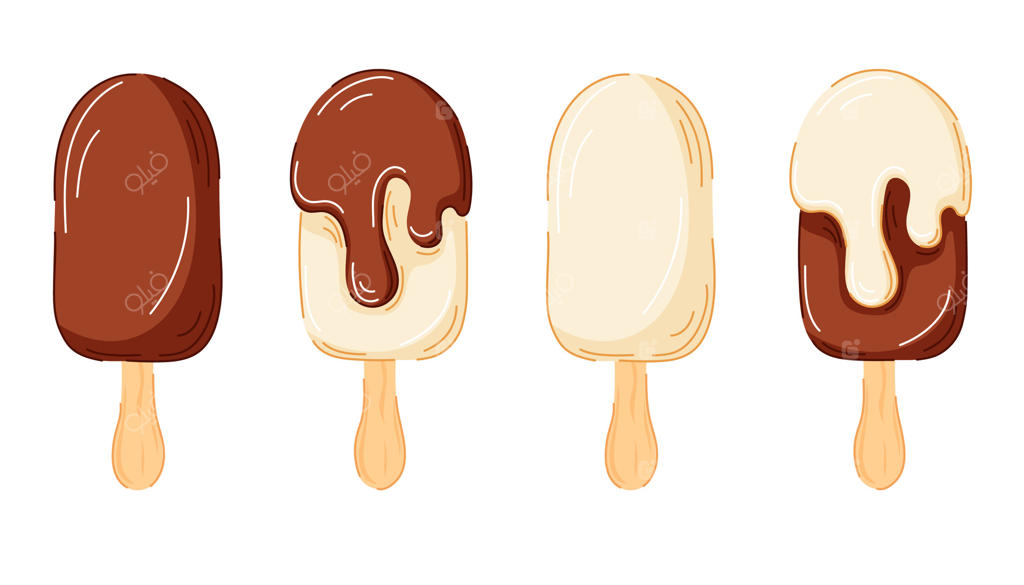 مجموعه‌ای از بستنی‌های چوبی شکلاتی و وانیلی با روکش و تاپینگ ذوب‌شده به سبک کارتونی. ایده‌آل برای منوی دسر تابستانی، بسته‌بندی و طراحی شیرینی‌های خوشمزه.