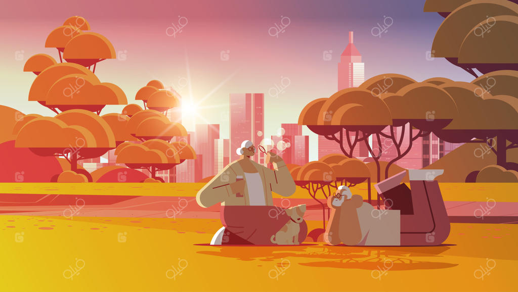 زوج سالخورده در حال بازی با حباب و گذراندن وقت با سگ کوچک در پارک شهری: مفهومی از آرامش دوران بازنشستگی