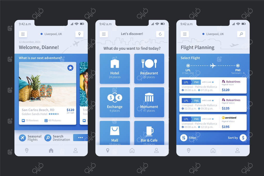 مجموعه‌ای از صفحات اپلیکیشن رزرو سفر