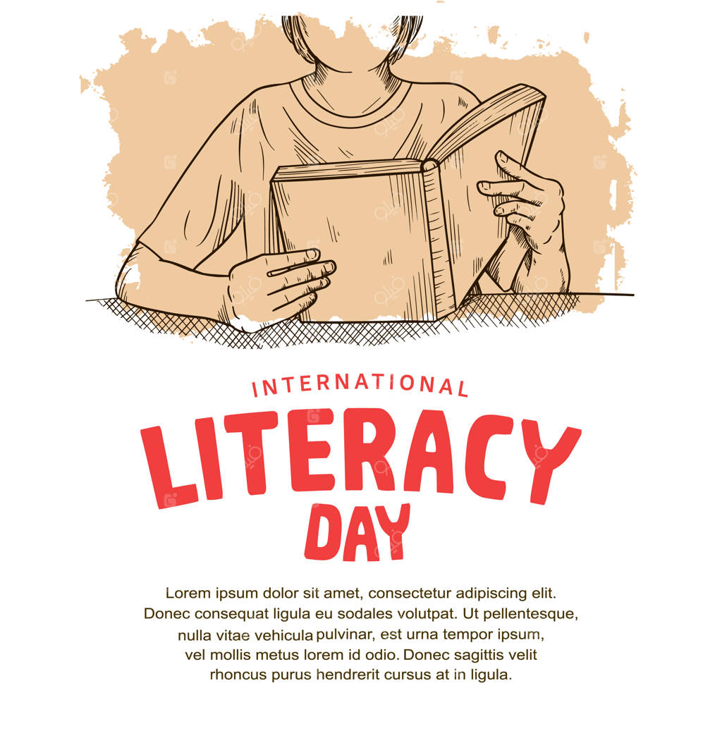 روز جهانی سوادآموزی با تصویر مردی در حال خواندن کتاب و قلم موی قهوه‌ای نرم بر پس‌زمینه سفید