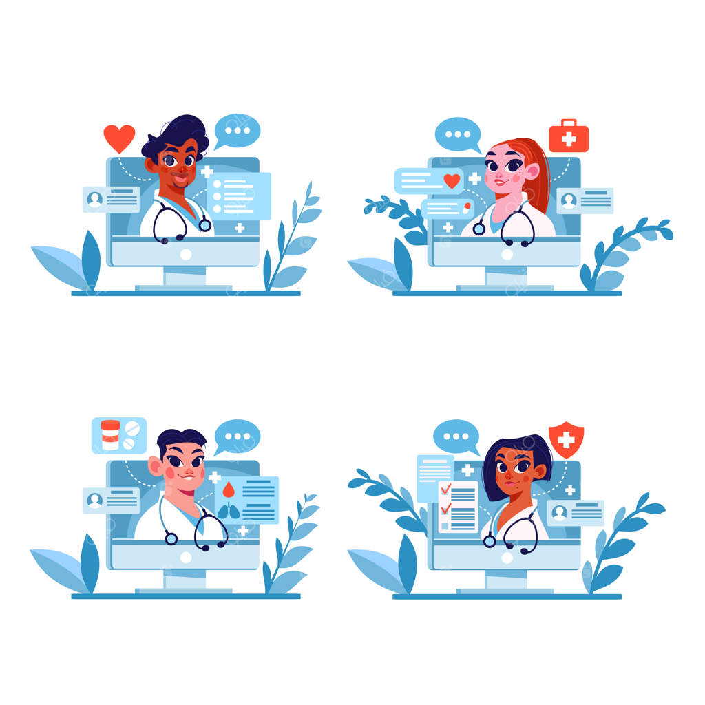 مجموعه‌ای از تصاویر وکتوری مربوط به مشاوره آنلاین با پزشک
