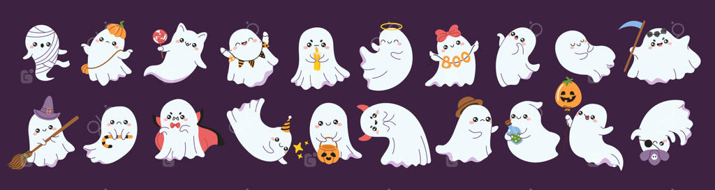مجموعه آیکون‌های شخصیت‌های بامزه ارواح برای هالووین به رنگ تخت. بسته‌ای از تصاویر ارواح خنده‌دار با لباس و زیورآلات بر روی زمینه بنفش