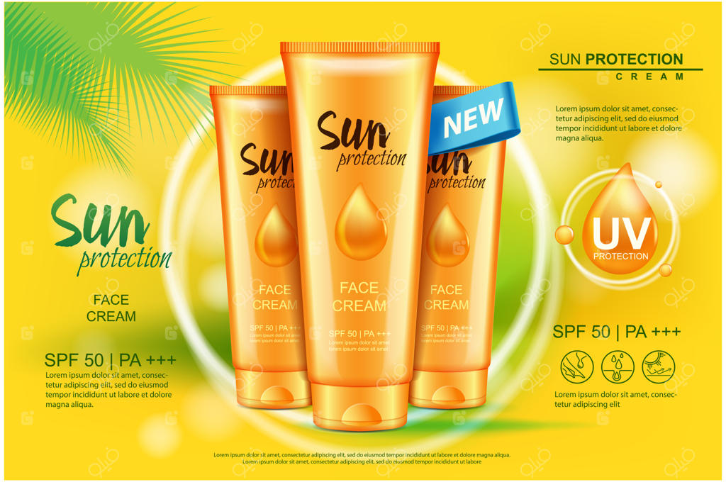 تیوپ کرم ضد آفتاب: محصولات مراقبت از پوست در برابر آفتاب. طراحی برای مجله و تبلیغات.