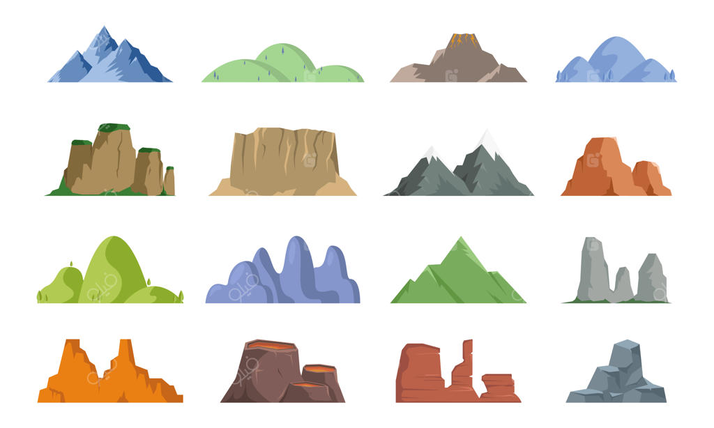 مجموعه وکتور کوه‌های برفی، قله، تپه و کوه یخ؛ المان‌های طراحی منظره طبیعت، کمپینگ، کوهنوردی و سفر ماجراجویانه