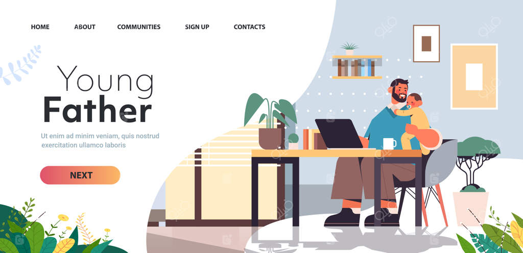 پدر جوان در محل کار با فرزندش - مفهوم پدر بودن و وقت‌گذرانی با کودک در خانه، اتاق نشیمن