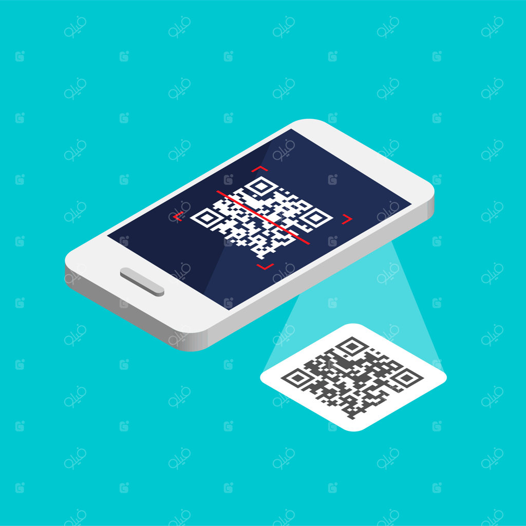 گوشی هوشمند ایزومتریک با کد QR روی صفحه، فرآیند اسکن کد با موبایل، برچسب کد QR ایزوله