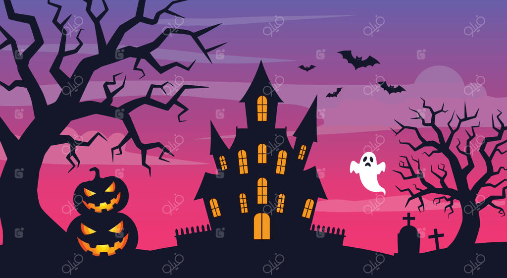 تصویر پس‌زمینه هالووین با خانه‌جن‌زده، روح‌ها، کدو تنبل و درختان ترسناک