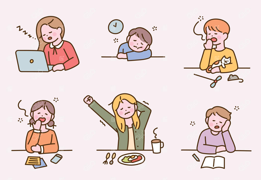 افرادی با چهره‌های خواب‌آلود در موقعیت‌های مختلف.