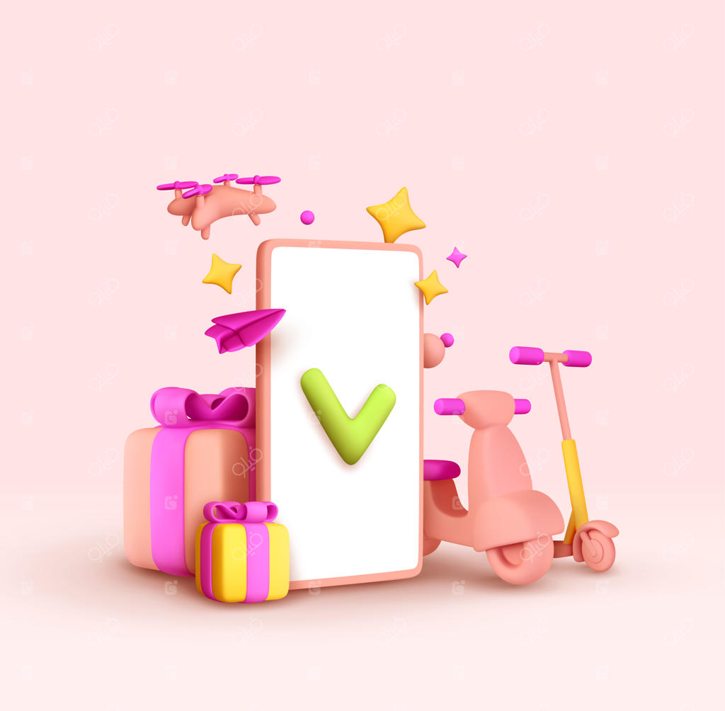 تحویل سریع: موتور سیکلت، اسکوتر برقی، پهپاد، تلفن همراه. طراحی سه‌بعدی واقع‌گرایانه برای ایده‌های خلاقانه بازاریابی. جعبه هدیه. سفارش آنلاین کالا. تصویرسازی وکتور.